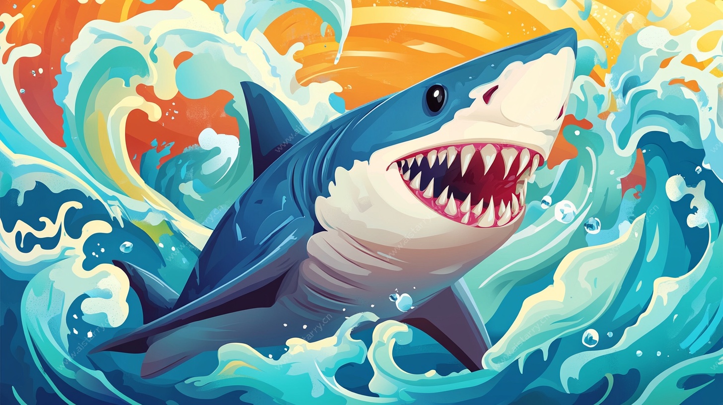 鲨鱼畅游于汹涌海浪间