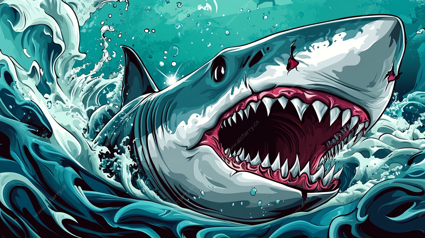 凶猛鲨鱼破水而出插画