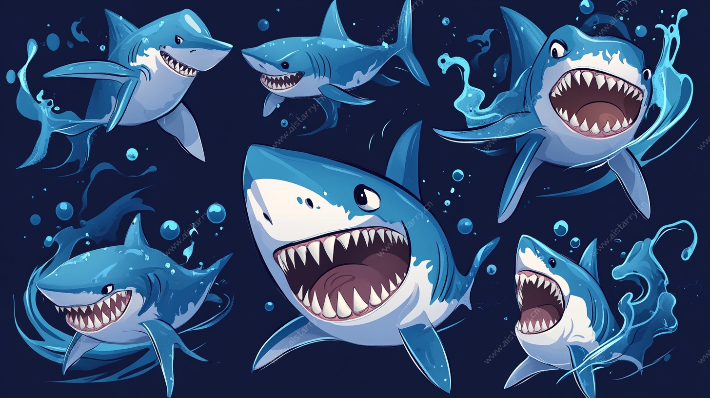 卡通鲨鱼群插画