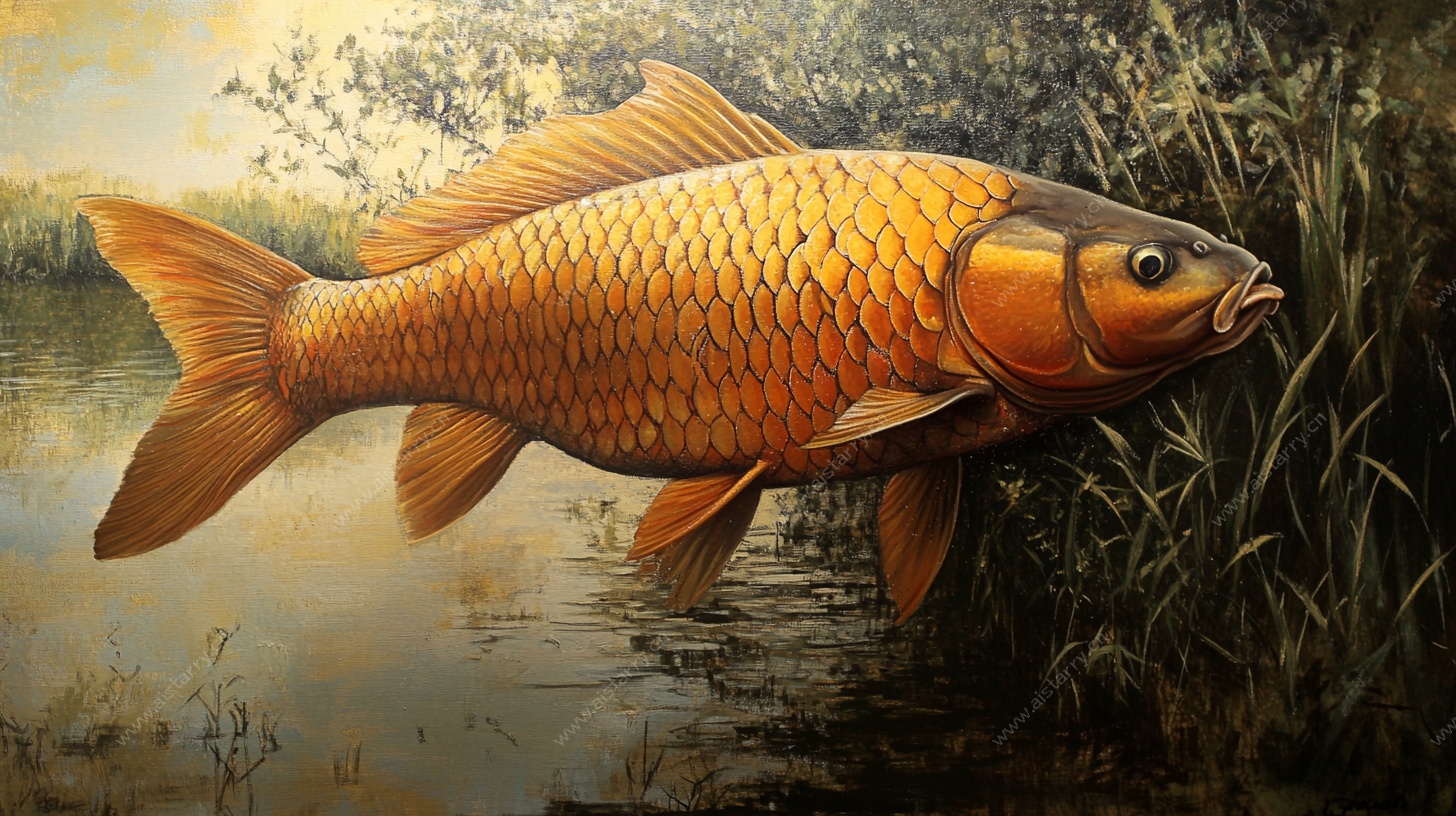 池塘中的金色大鱼油画