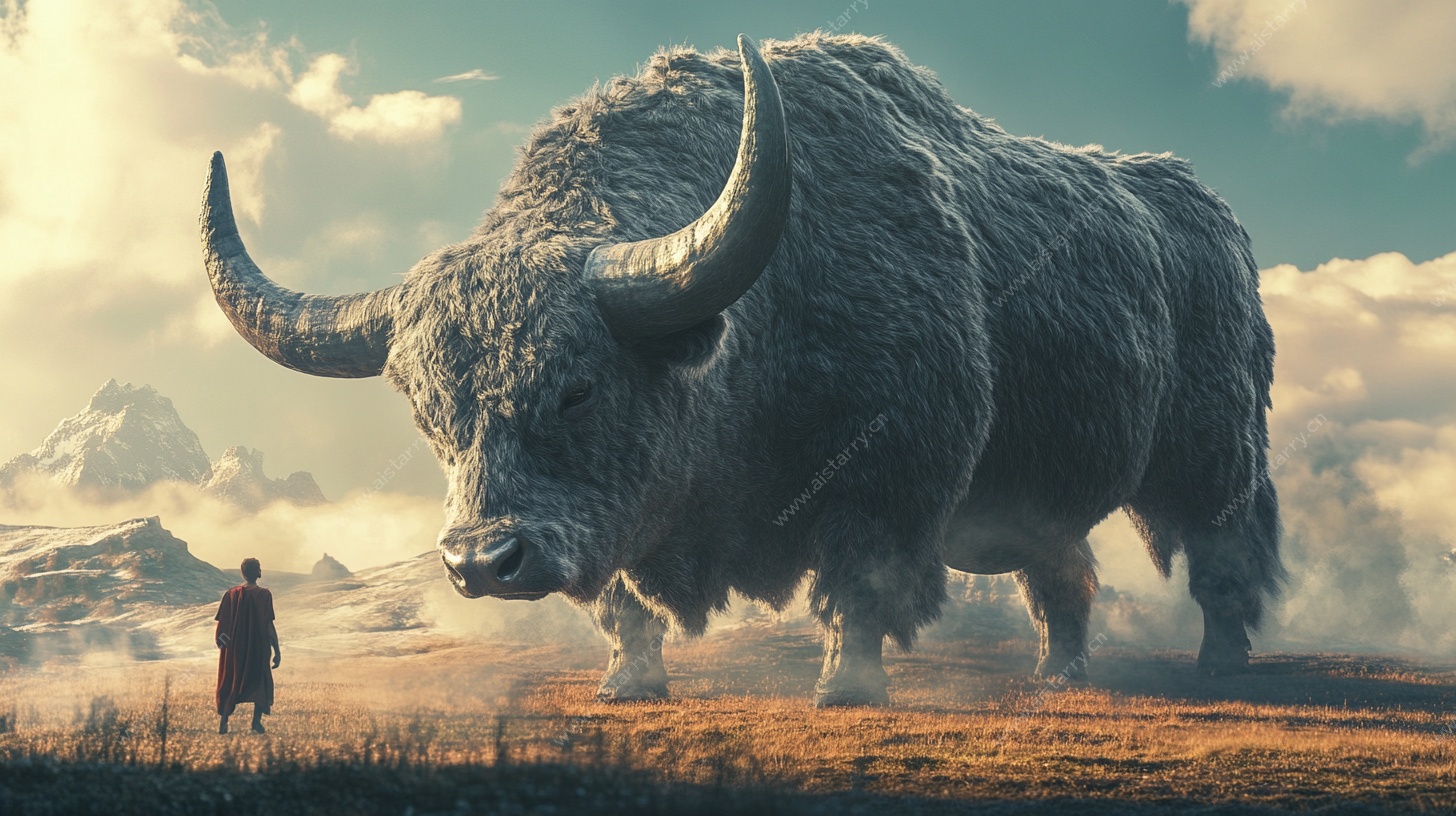 人与巨牛的旷野对视场景