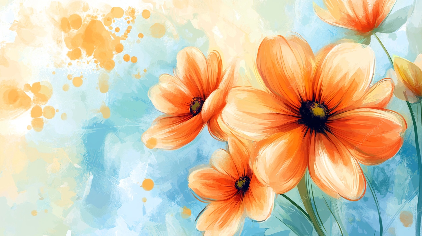 橙色花卉水彩艺术画作