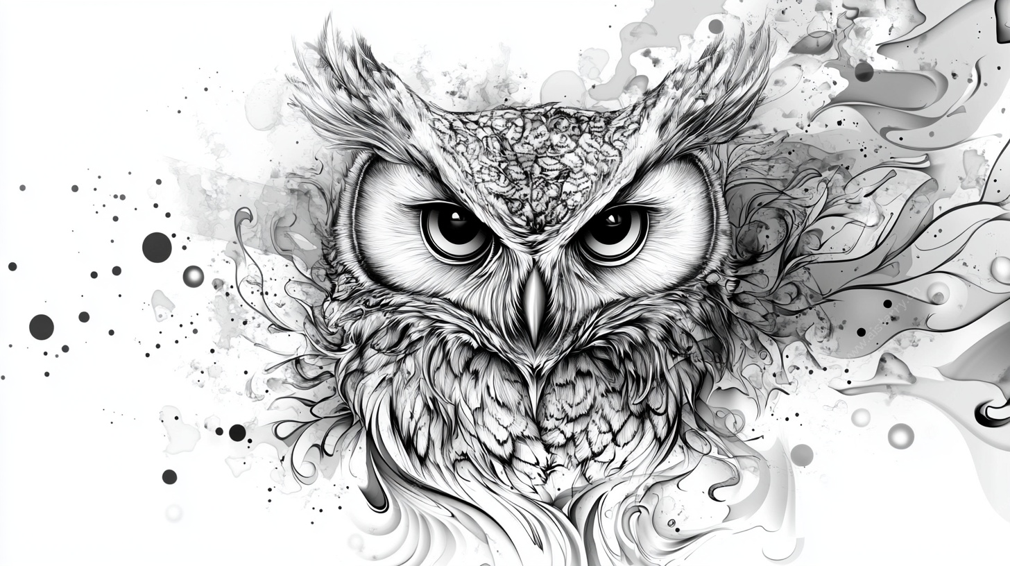黑白水墨风猫头鹰插画