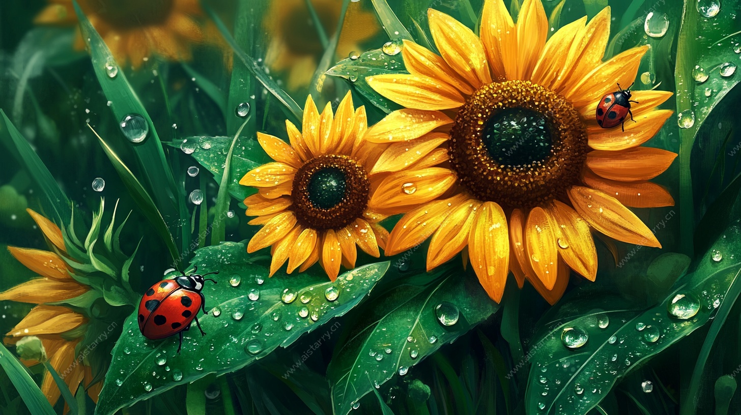 雨后向日葵与瓢虫的生机