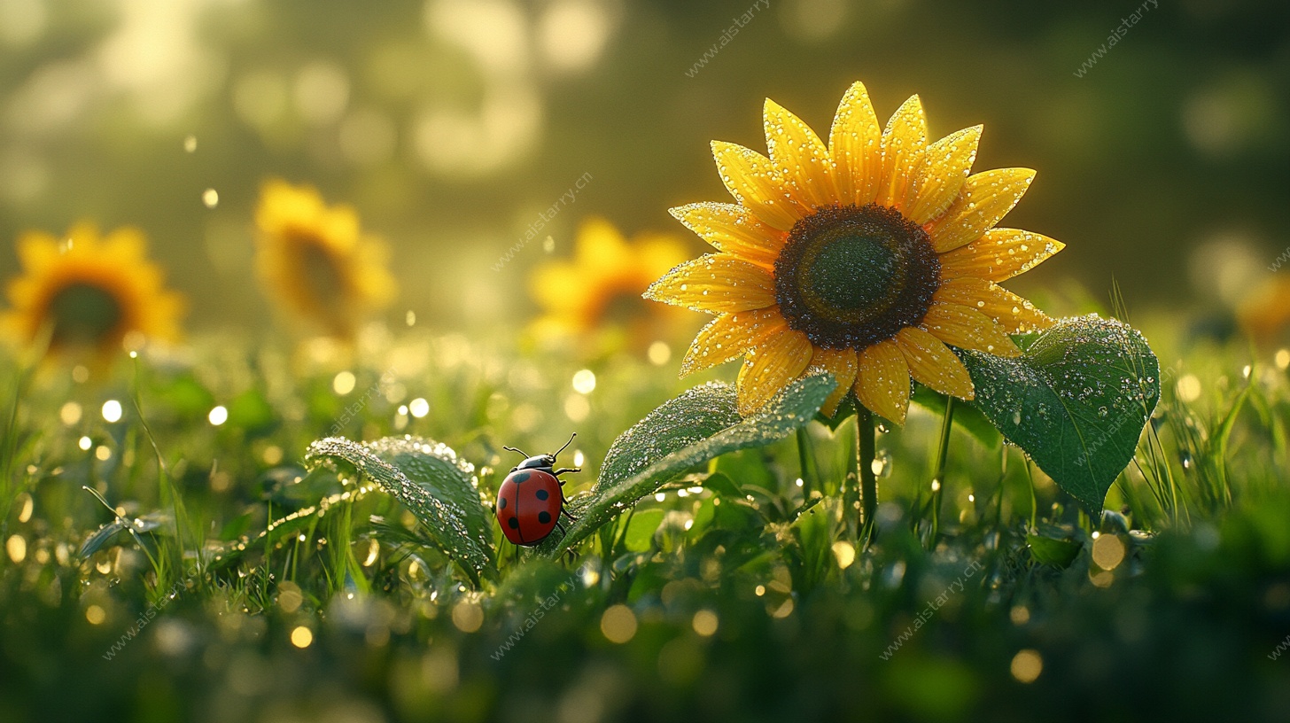 晨露中的向日葵与瓢虫