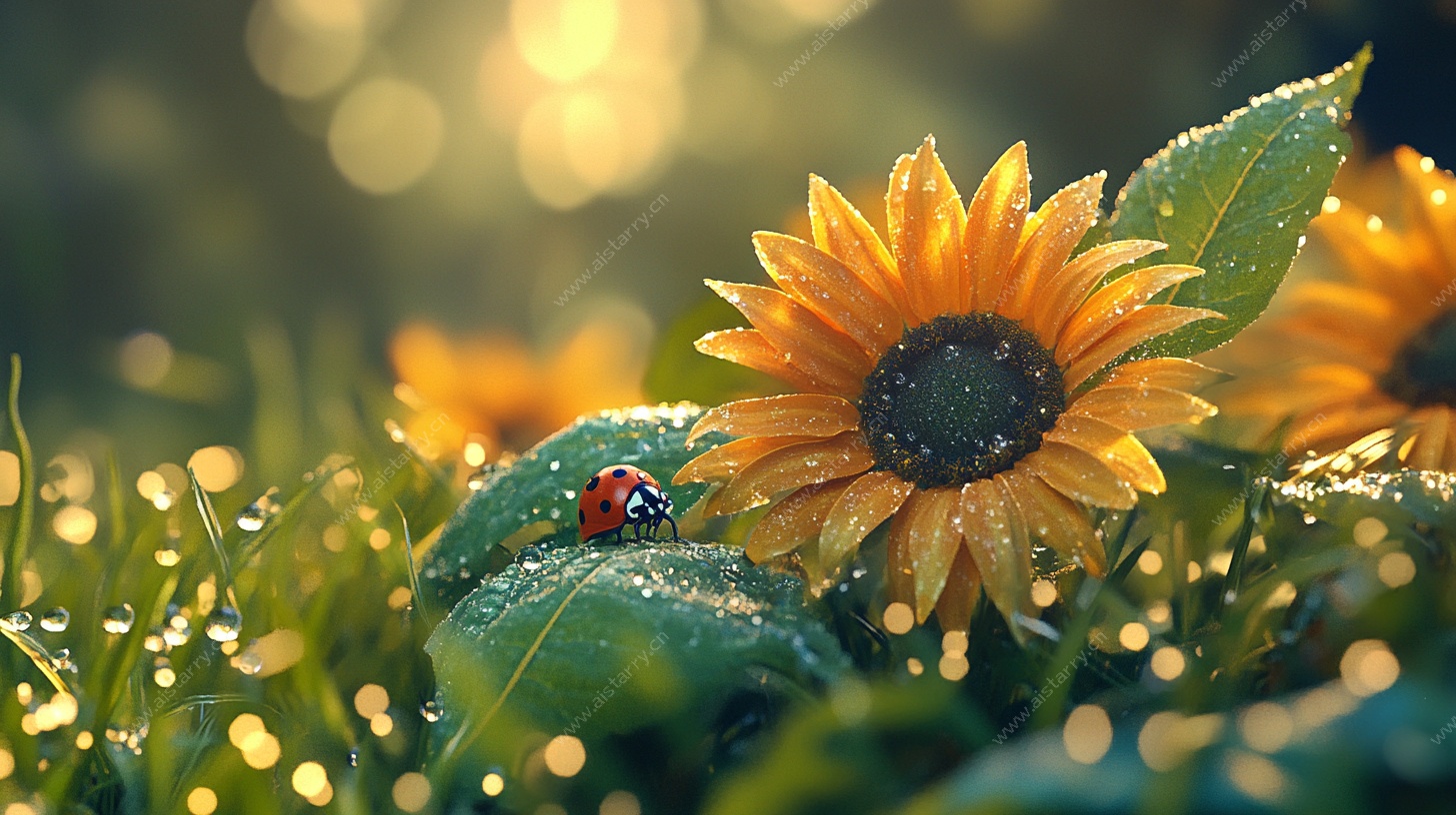 晨露中的向日葵与瓢虫