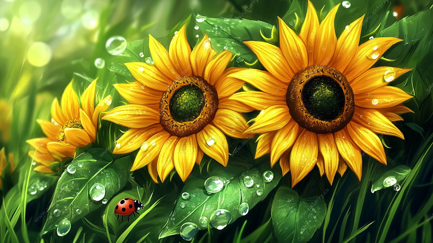 晨露中的向日葵与瓢虫