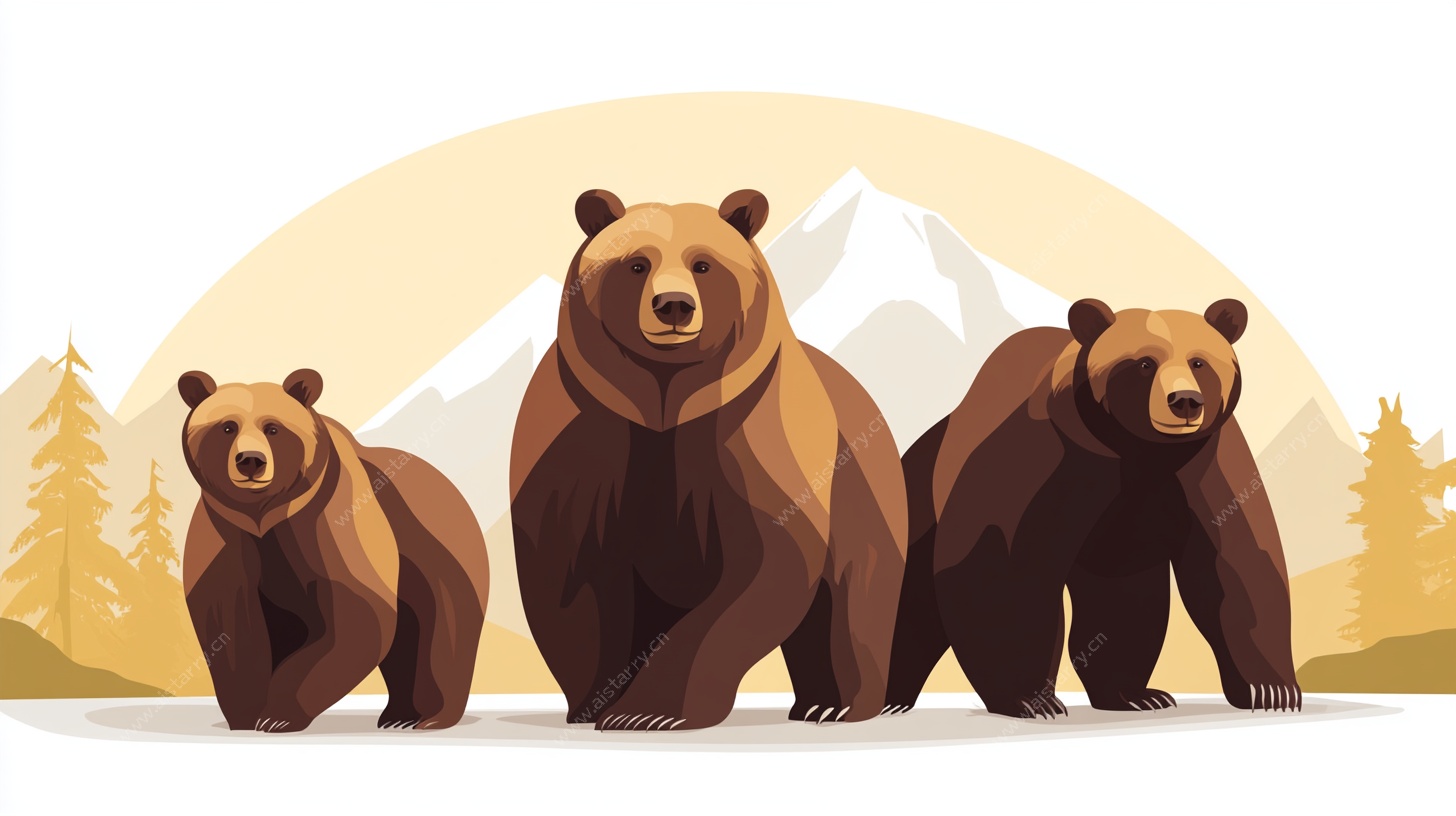 三只棕熊漫步山林间