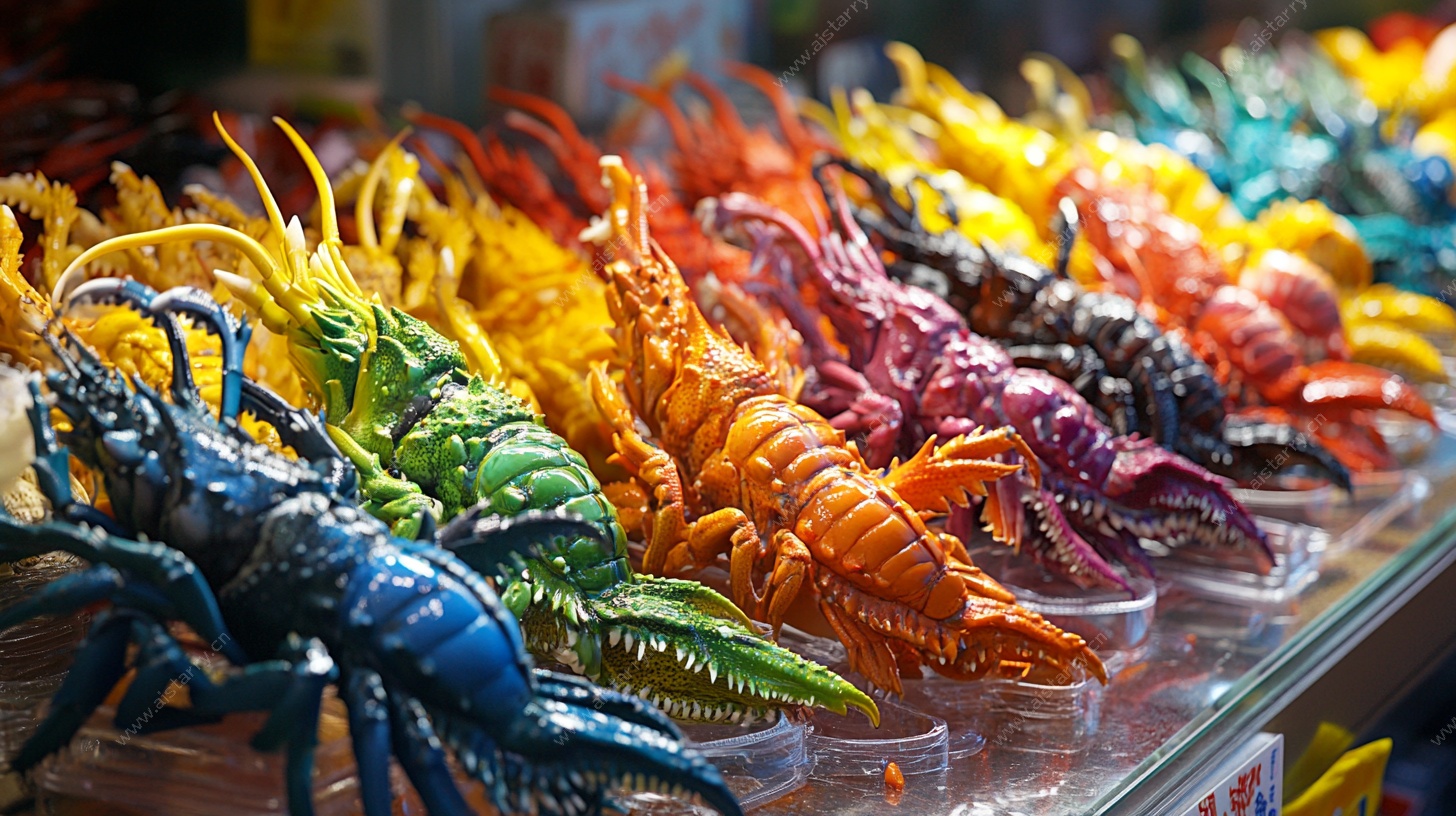 多彩仿真龙虾摆件展示