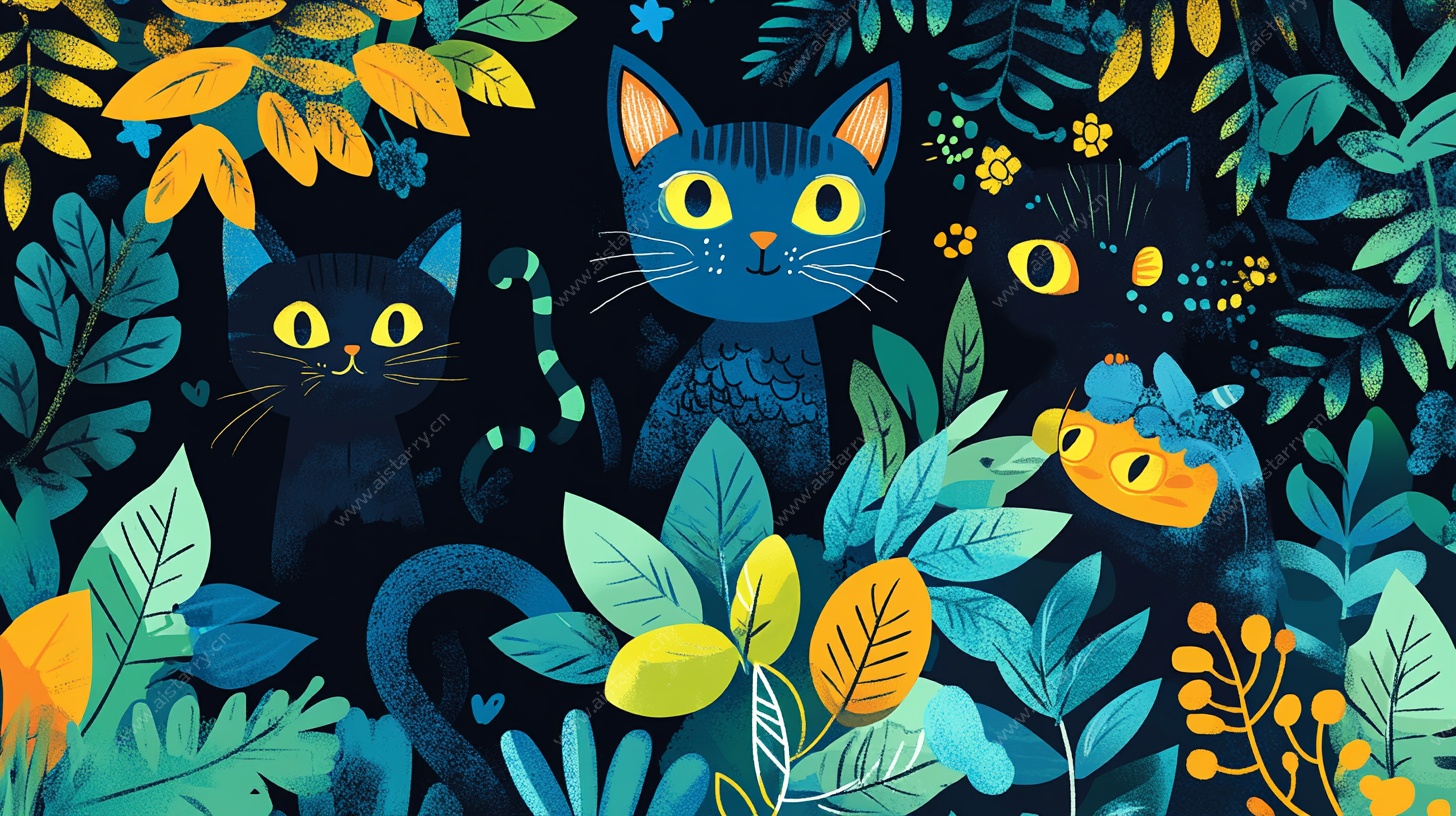 森林中的猫咪奇幻插画