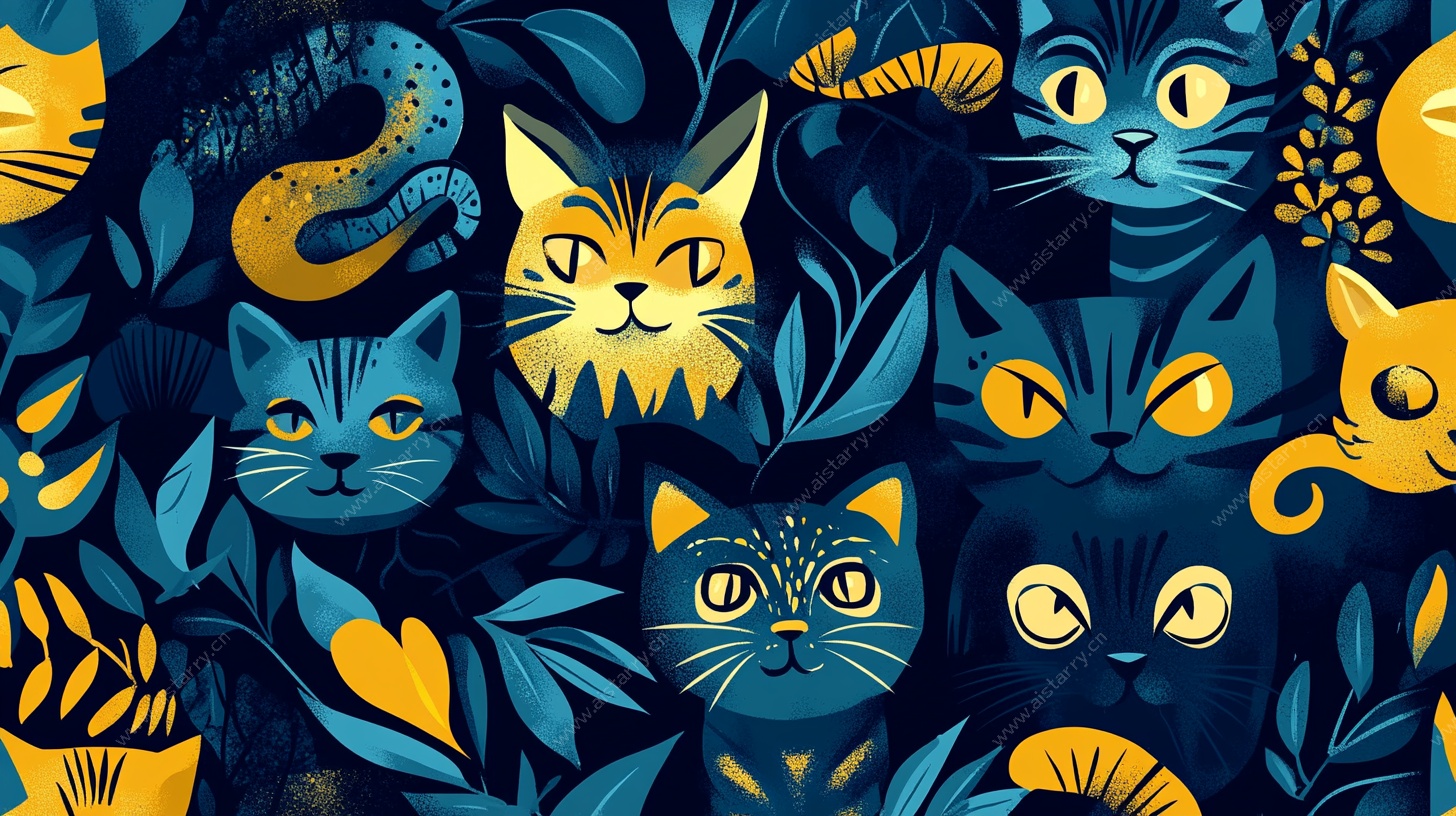 萌猫与叶的奇幻图案世界