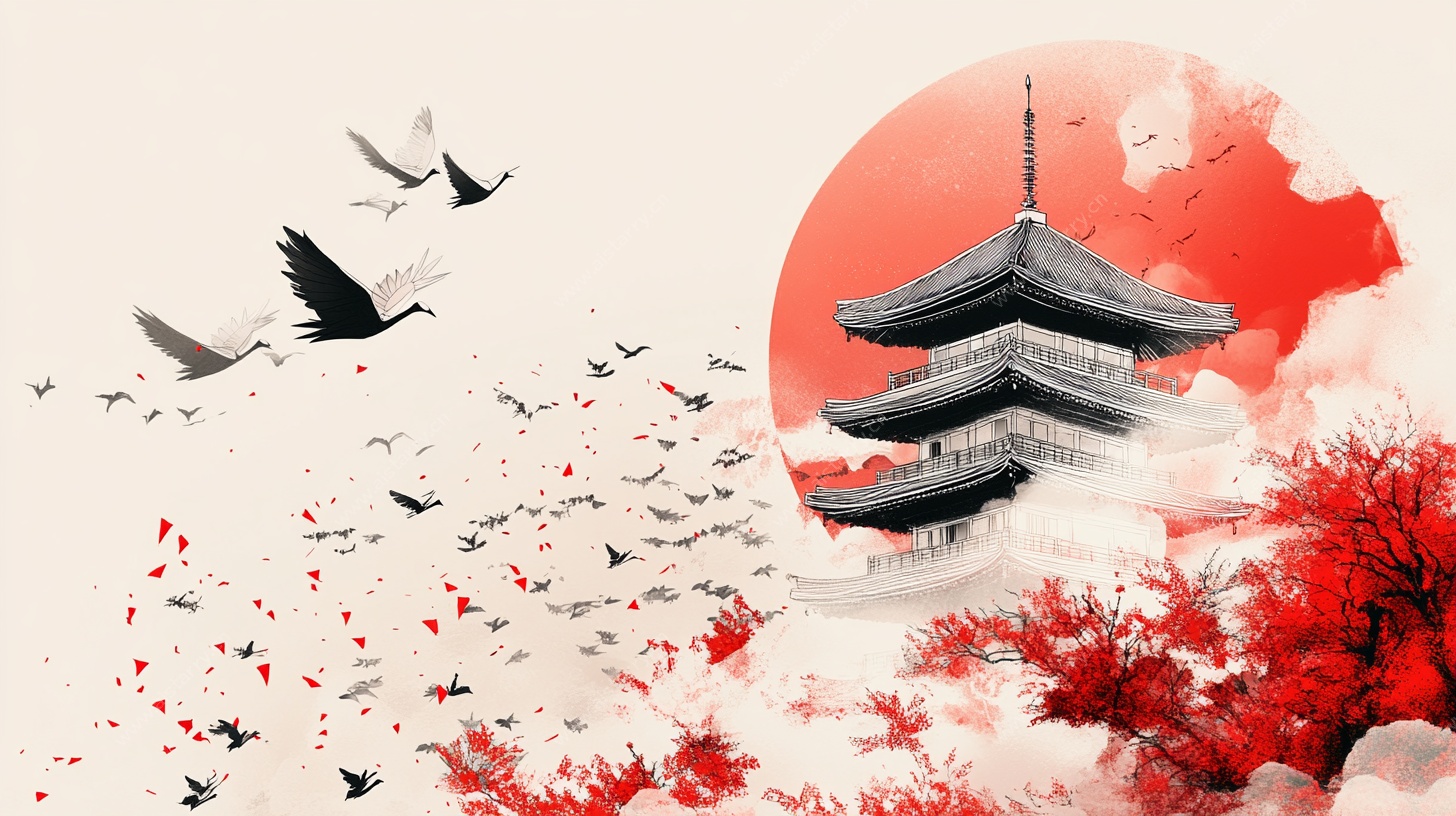 中式楼阁飞鸟图