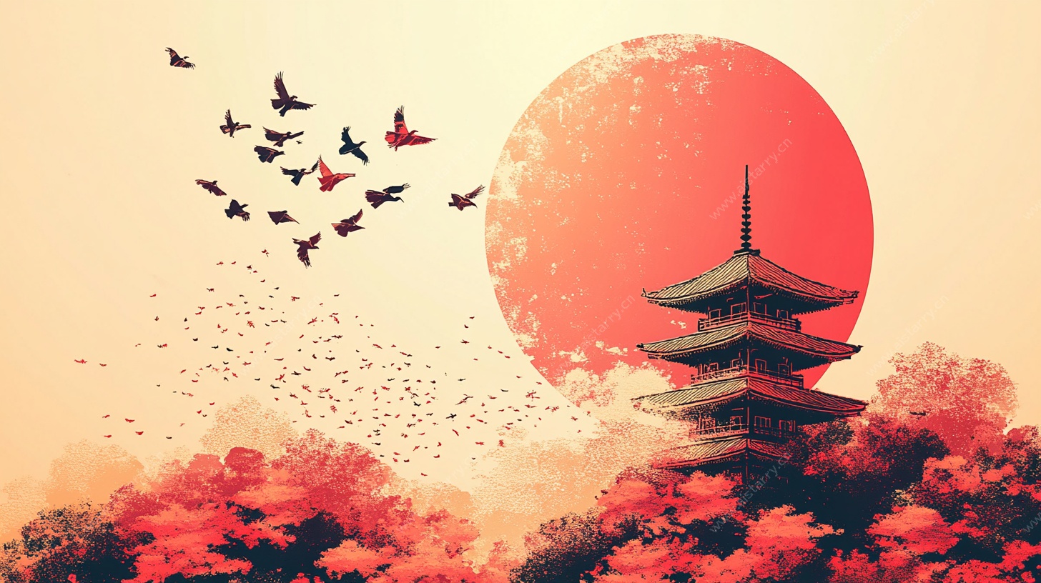 落日飞鸟下的古塔式美景