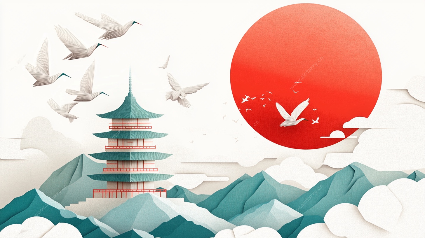 红日飞鸟下的中式山水楼阁