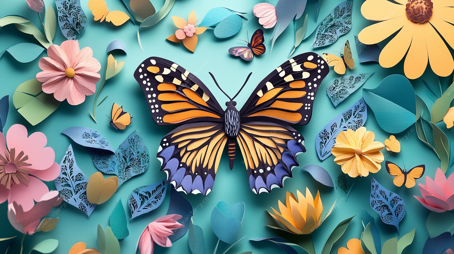 蝴蝶花丛间立体纸艺插画