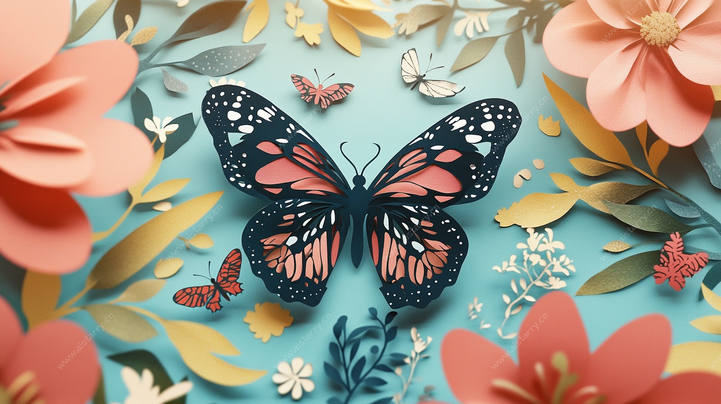 纸艺蝴蝶花卉装饰画面