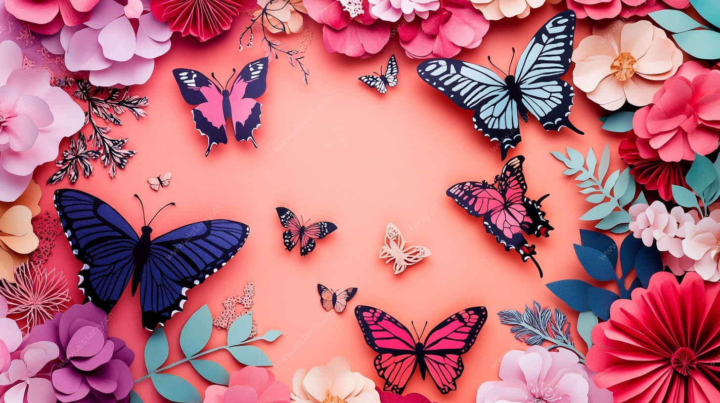 纸艺蝴蝶花卉装饰画面