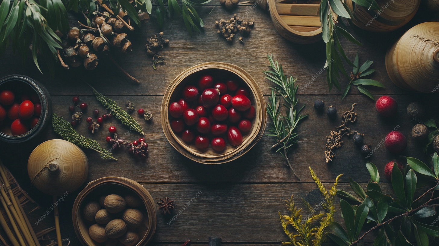 木桌上的多彩果实与绿植
