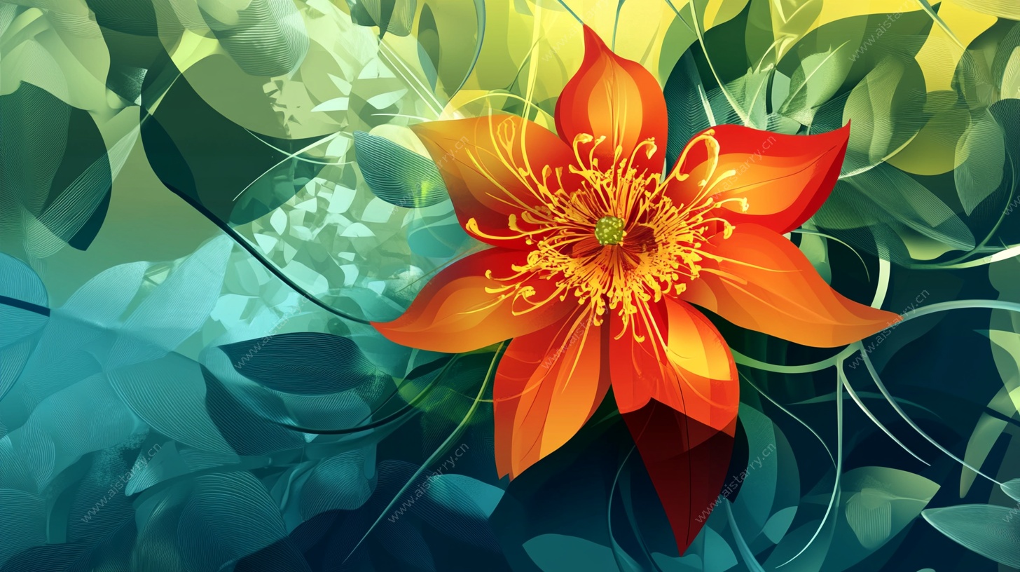 橙花绿叶梦幻插画