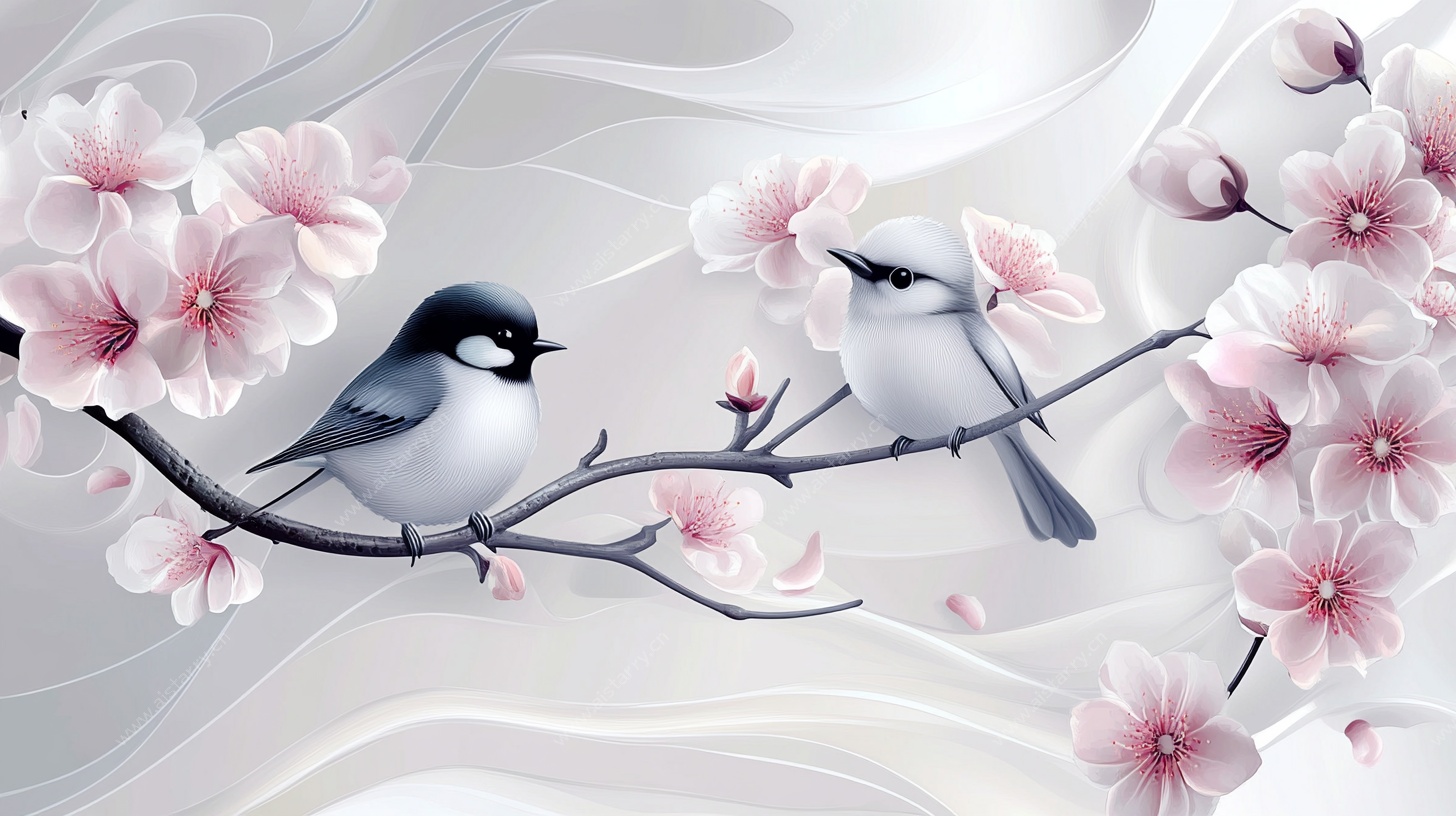 枝头双鸟赏繁花