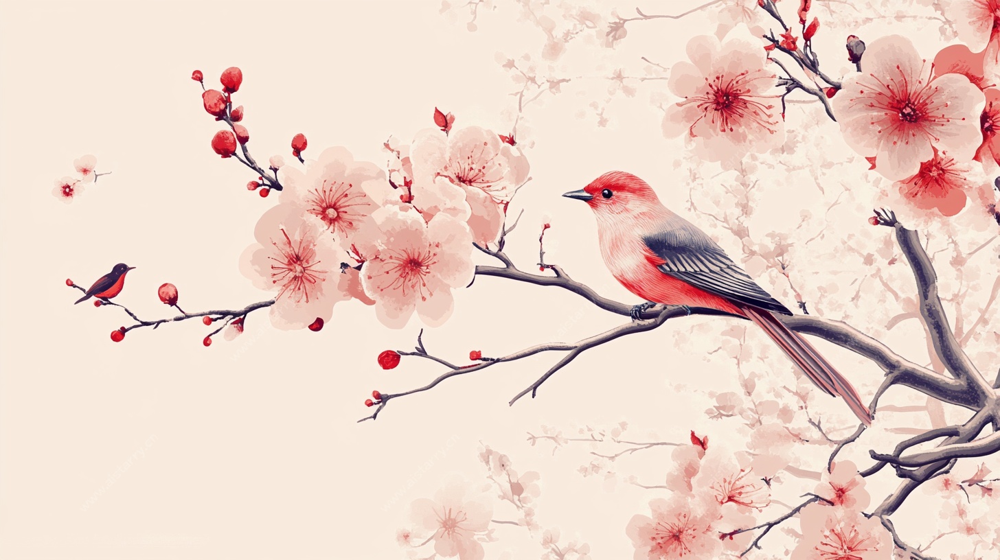 红梅枝头鸟栖景