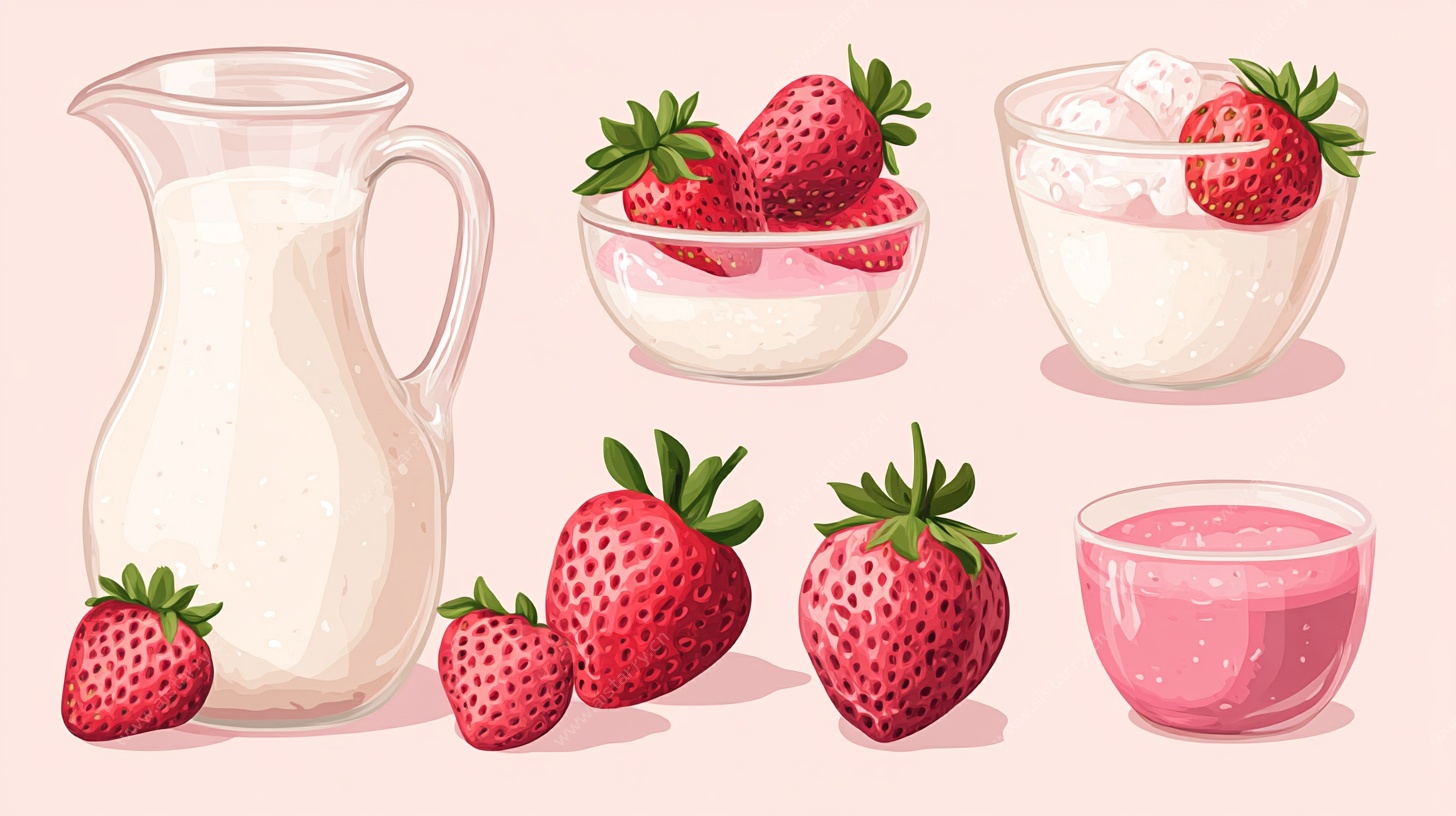 草莓与奶制品插画组合