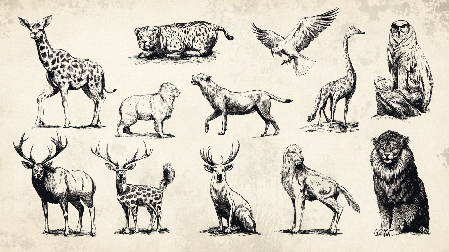 手绘野生动物集合插画