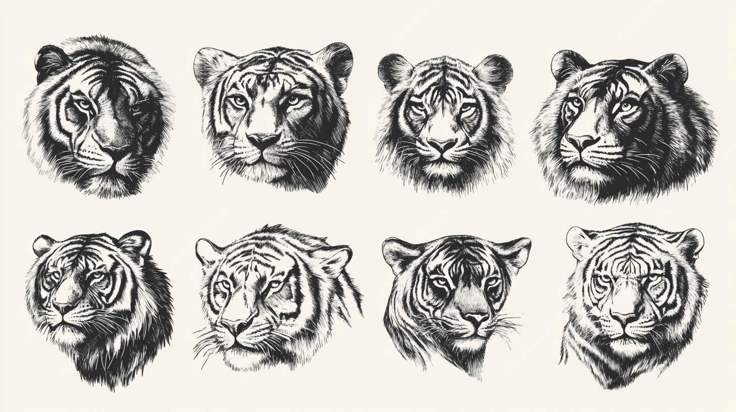 多样老虎头素描插画