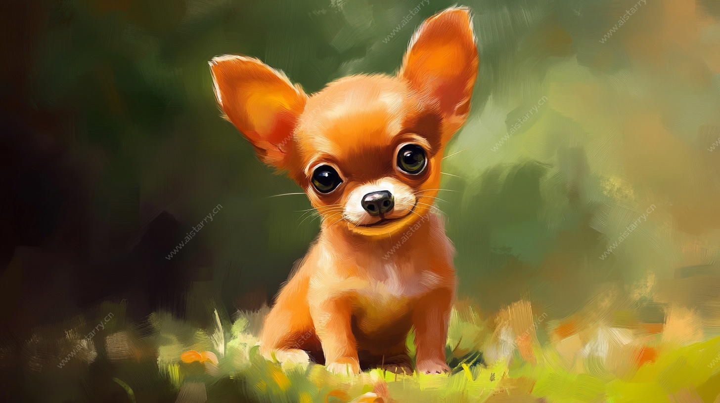 可爱吉娃娃坐于绿意草地