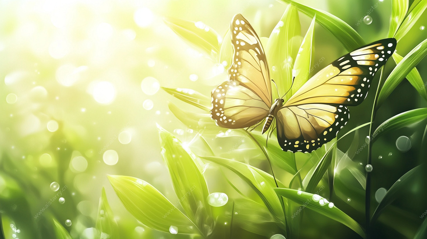 阳光下的蝴蝶与绿叶