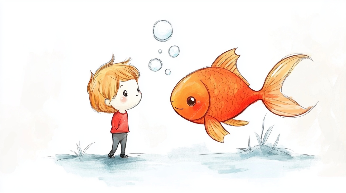 男孩与金鱼的梦幻对视