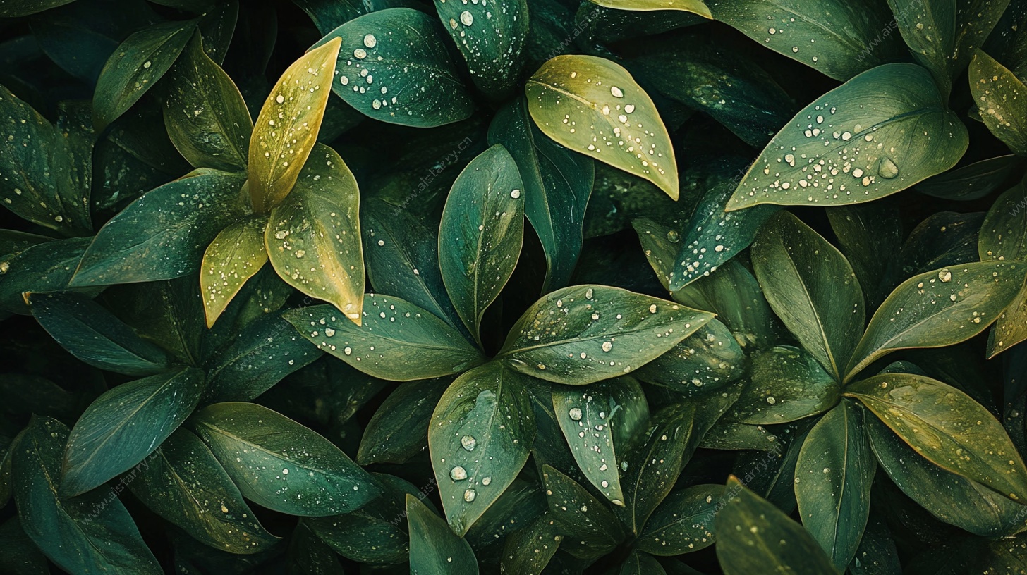 露珠点缀的翠绿叶片