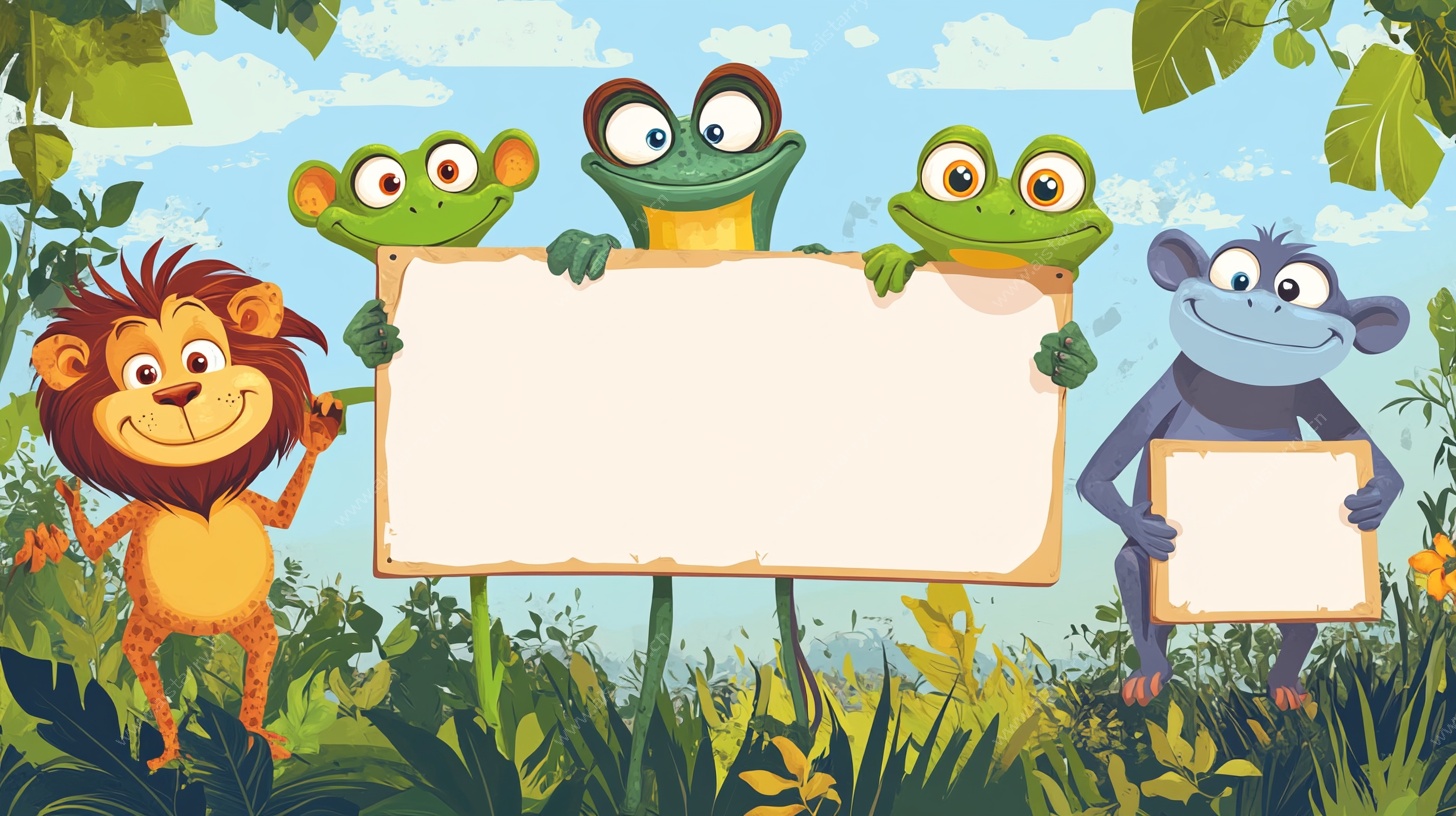 动物们举牌的欢乐丛林场景