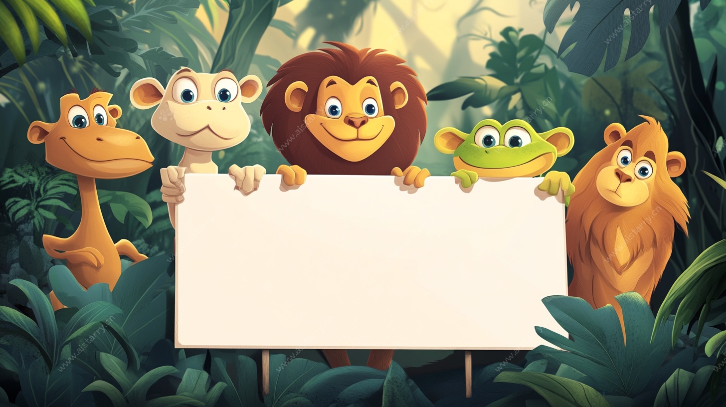 森林动物举牌欢乐场景