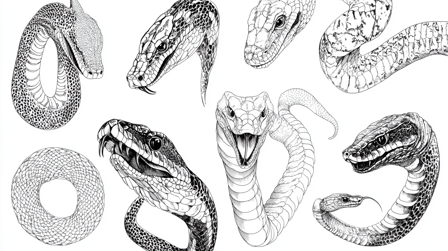 多样蛇类黑白插画集