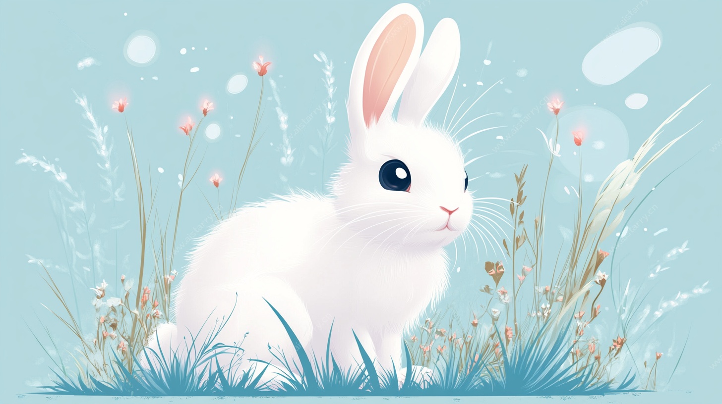 白兔静卧花草间