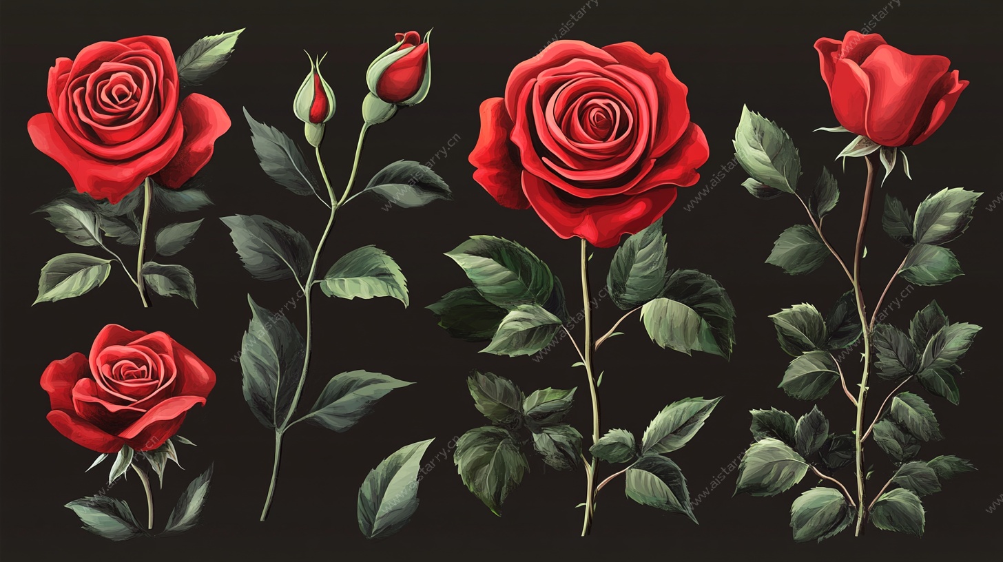 复古红玫瑰植物插画