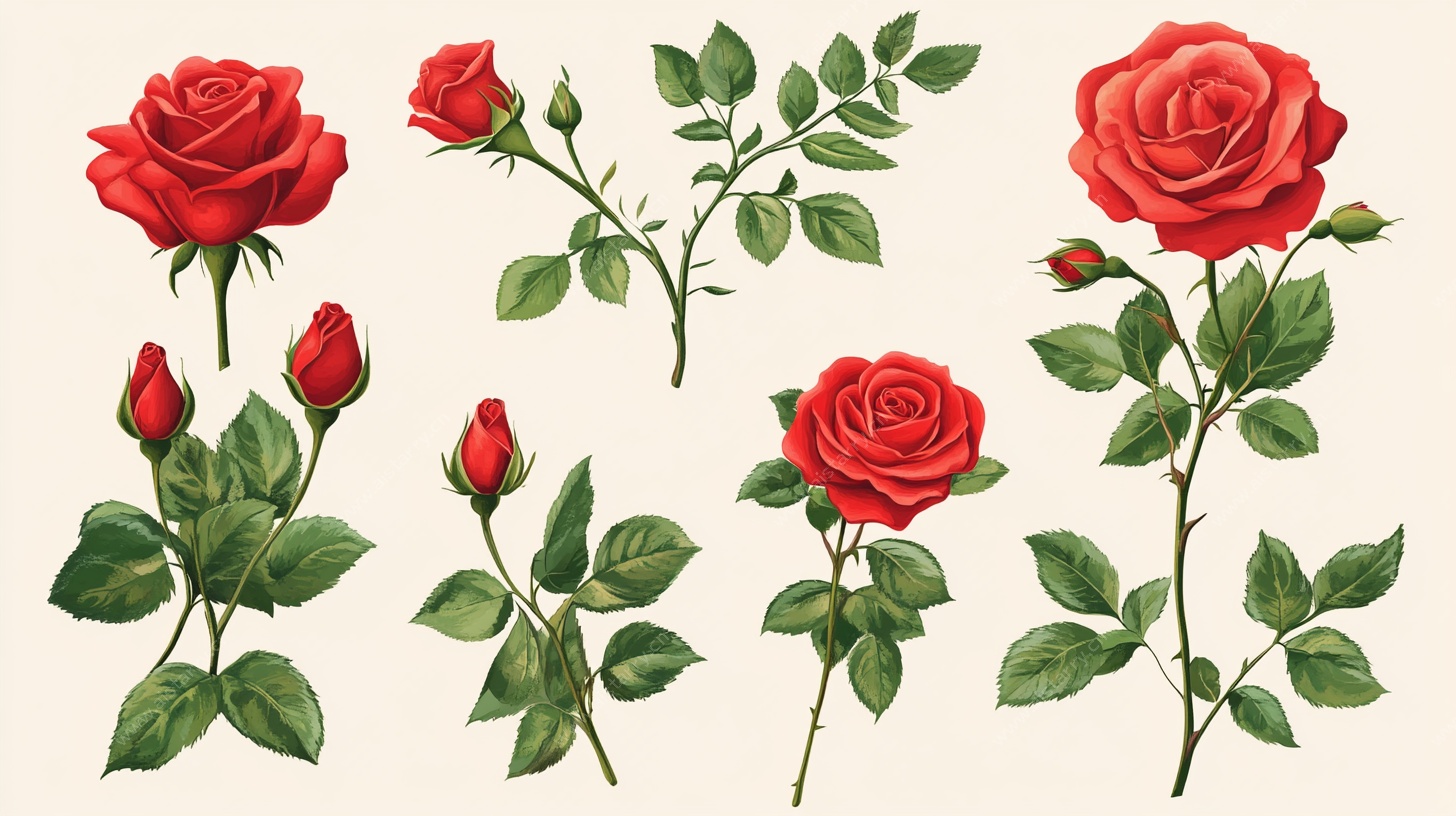 复古手绘红玫瑰素材集合