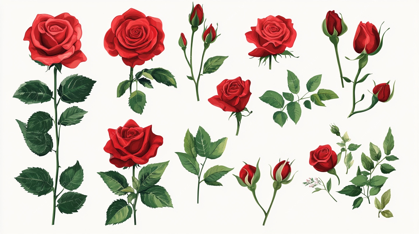 红玫瑰花卉插画集合