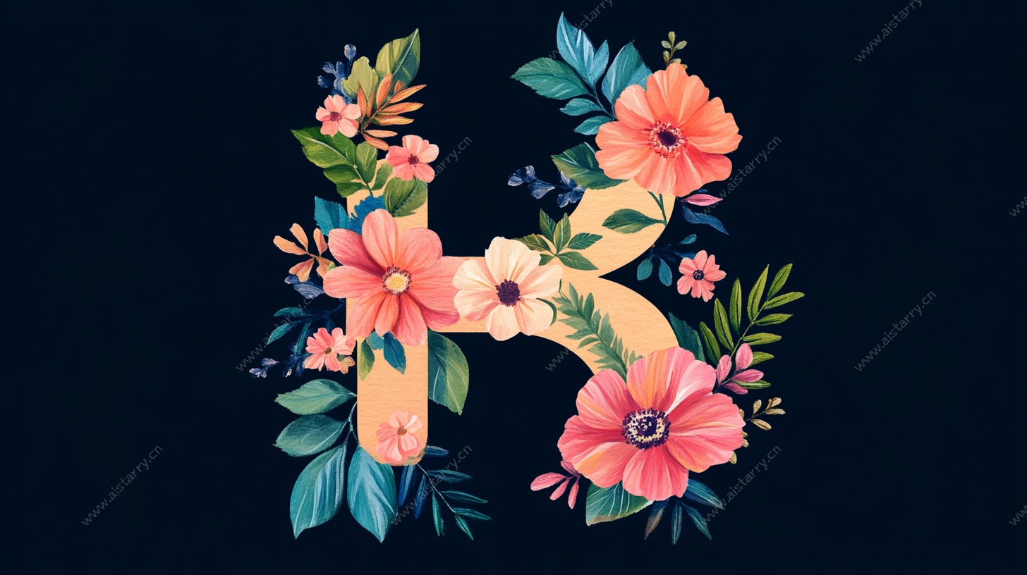 花卉装饰字母K插画