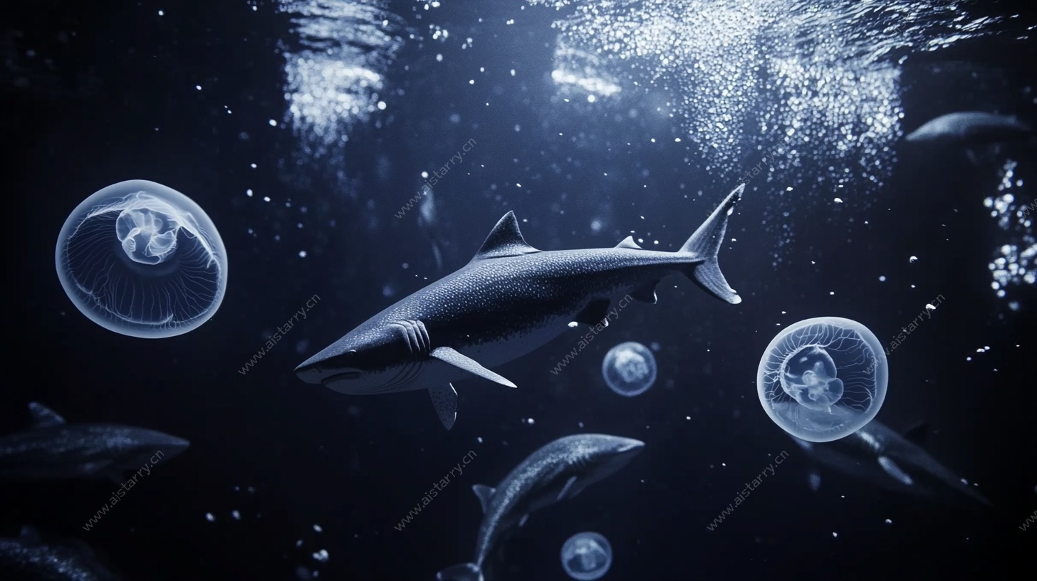 深海中的鲨鱼与梦幻泡泡