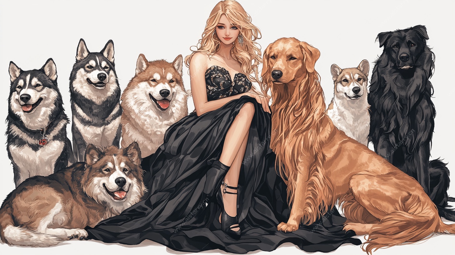 美女与群犬的优雅画面