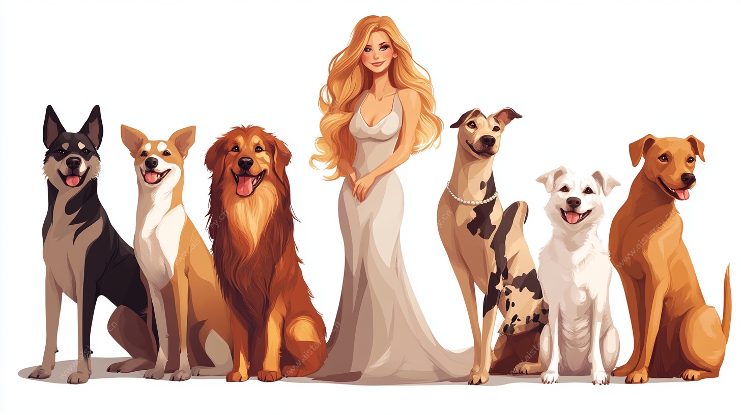 女子与群犬的温馨合影