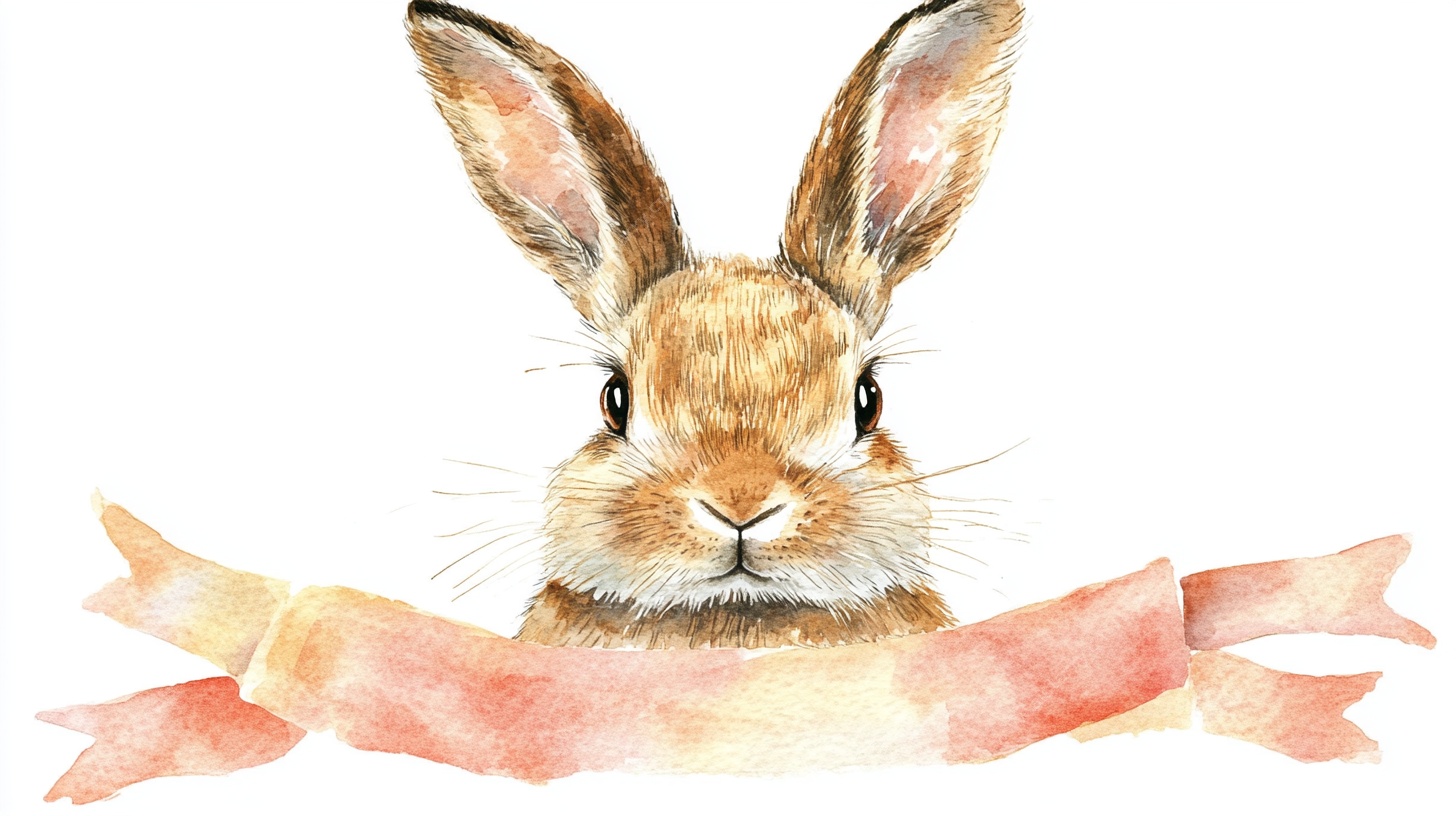 水彩萌兔配柔美丝带