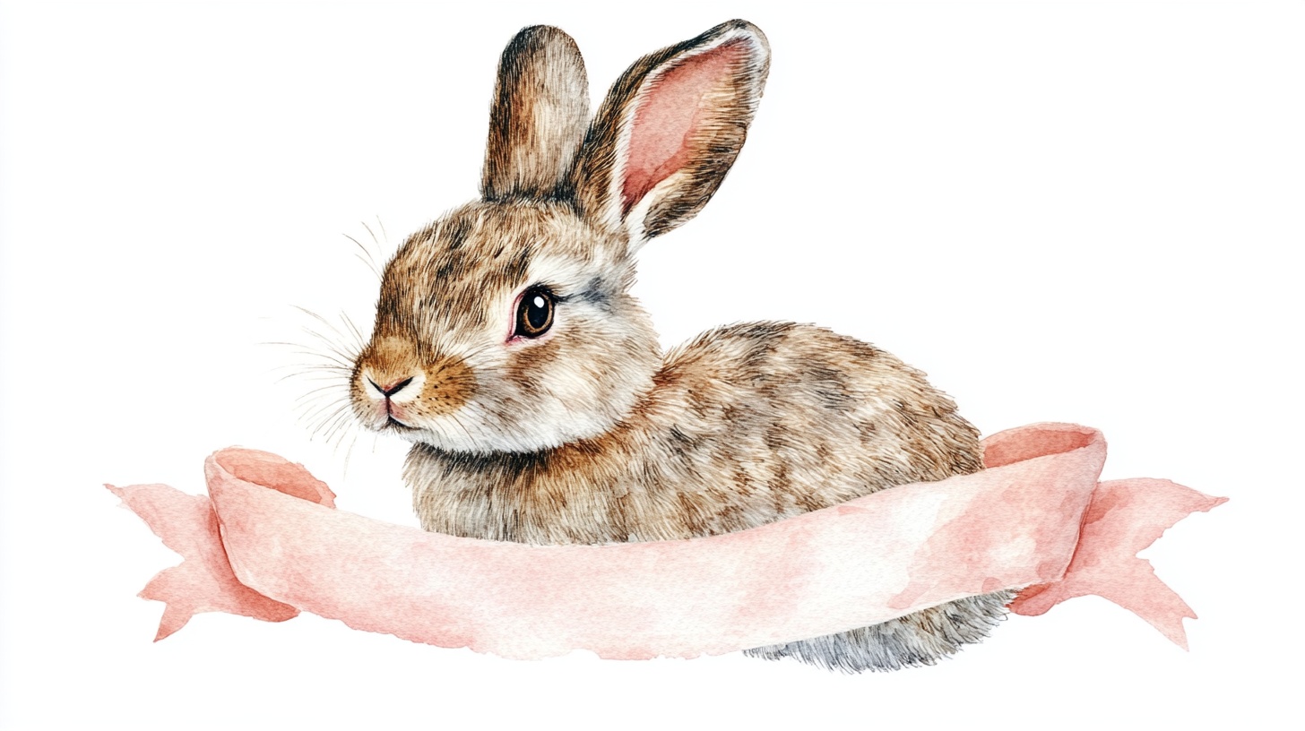 水彩小兔配粉红丝带