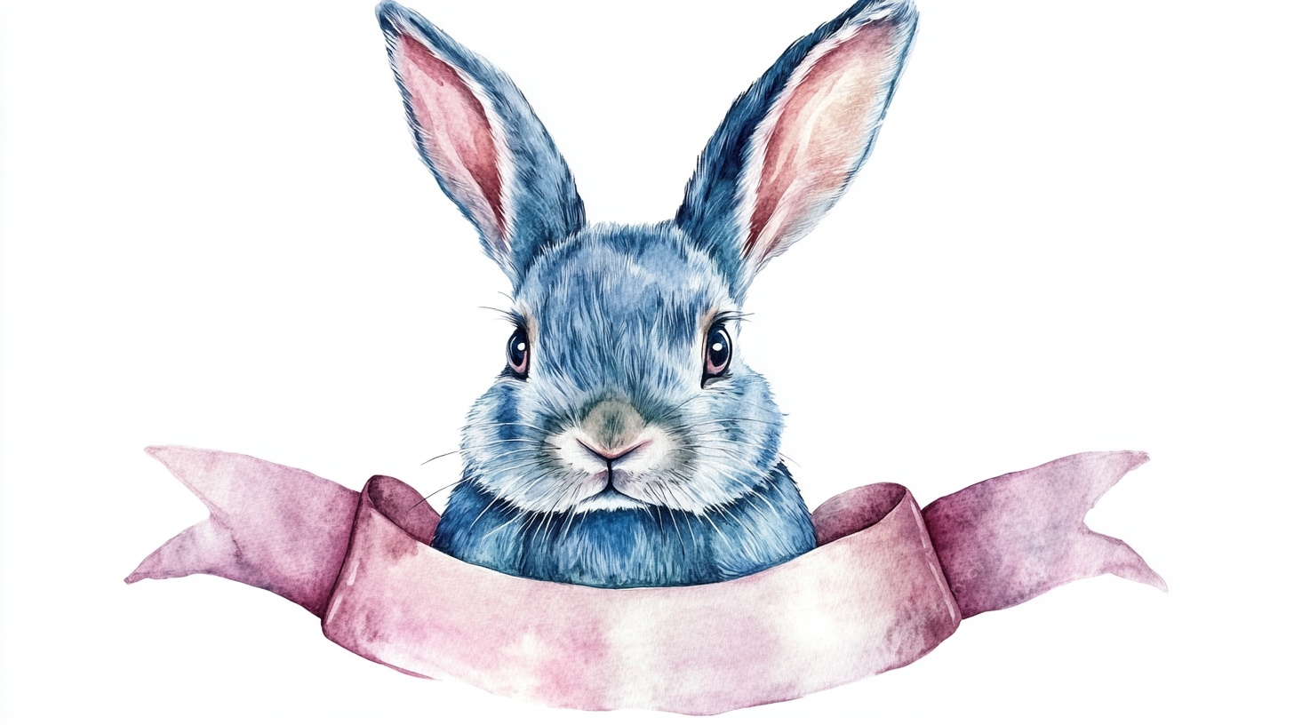 水彩蓝兔配粉色飘带图