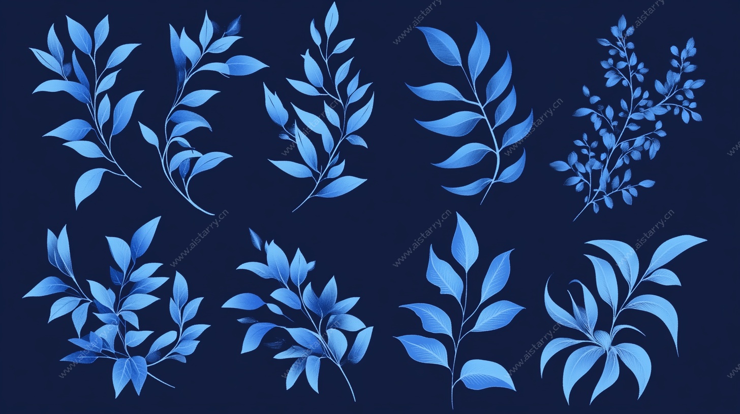 蓝色系手绘叶片图案集合