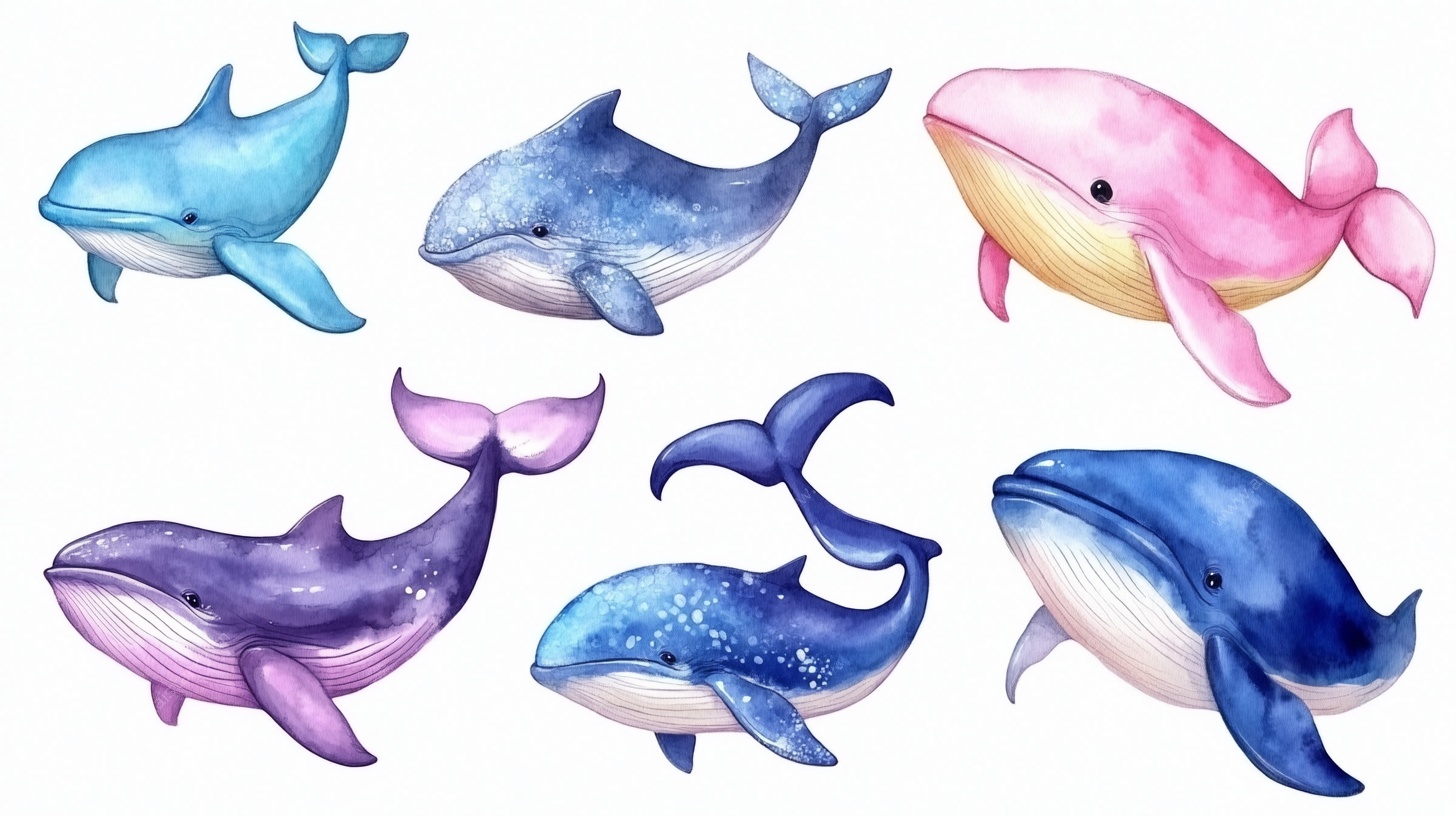 水彩风可爱鲸鱼插画集合
