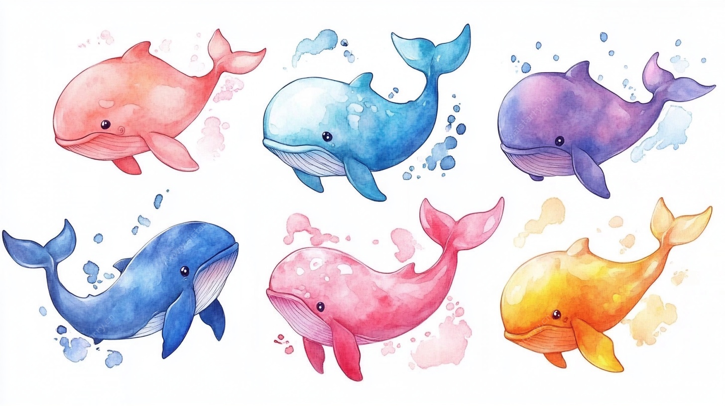 彩色水彩风可爱小鲸鱼