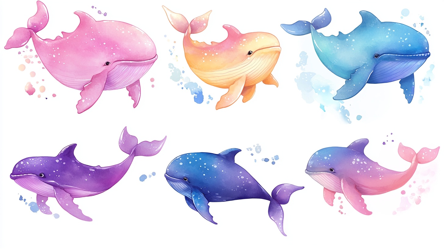 彩色水彩风可爱鲸鱼插画